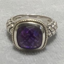 Silver Amethyst Cushion-Cut Cocktail Ring Bezel Setting Purple Stone