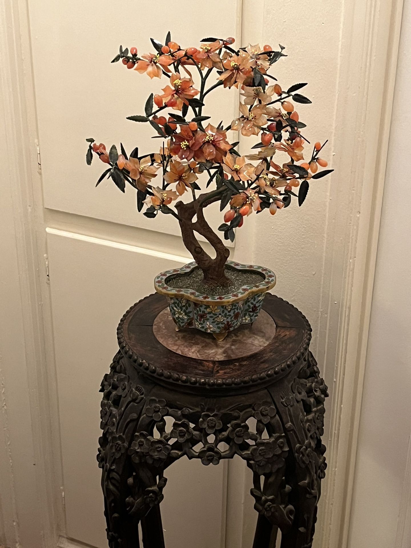 Antique Chinese Rosewood Stand And Carnelian Tree