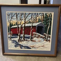 Framed Handmade Embroidery Art - Winter Cabin