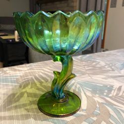 Vtg Green Iridescent Lotus pedestal Dish - 8” Tall, Top Diameter 6”