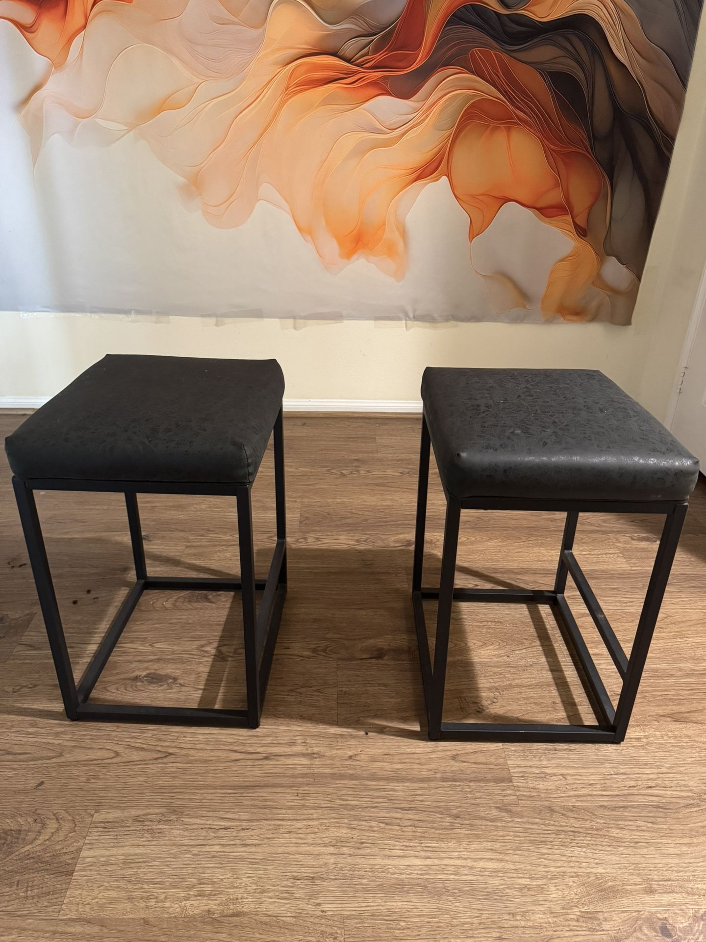 Pair of Small Metal Frame Cushioned Stools – Industrial Style