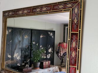 BEAUTIFUL VINTAGE Neoclassical HAND PAINTED GLASS MIRROR FRAMED BEVELED  Bold vibrant Reds And Golds 
