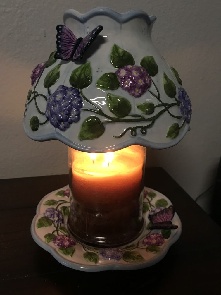 Salt City Candle Shade and Matching Plate w/ Purple Floral + Butterfly Design