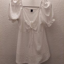 White Eyelet Puff Sleeve Blouse Size XL