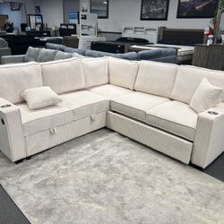 Beige Sofa Sectional w/ Pull- Out Sleeper & Storage 