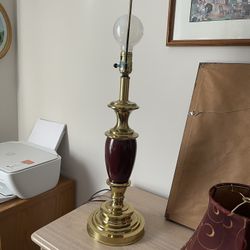 Beautiful Heavy Brass & Burgundy Lamp With Red Shade
