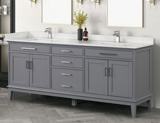 Brand New Grey & White 72'Inch Bathroom Vanity w Stone Sink Countertop