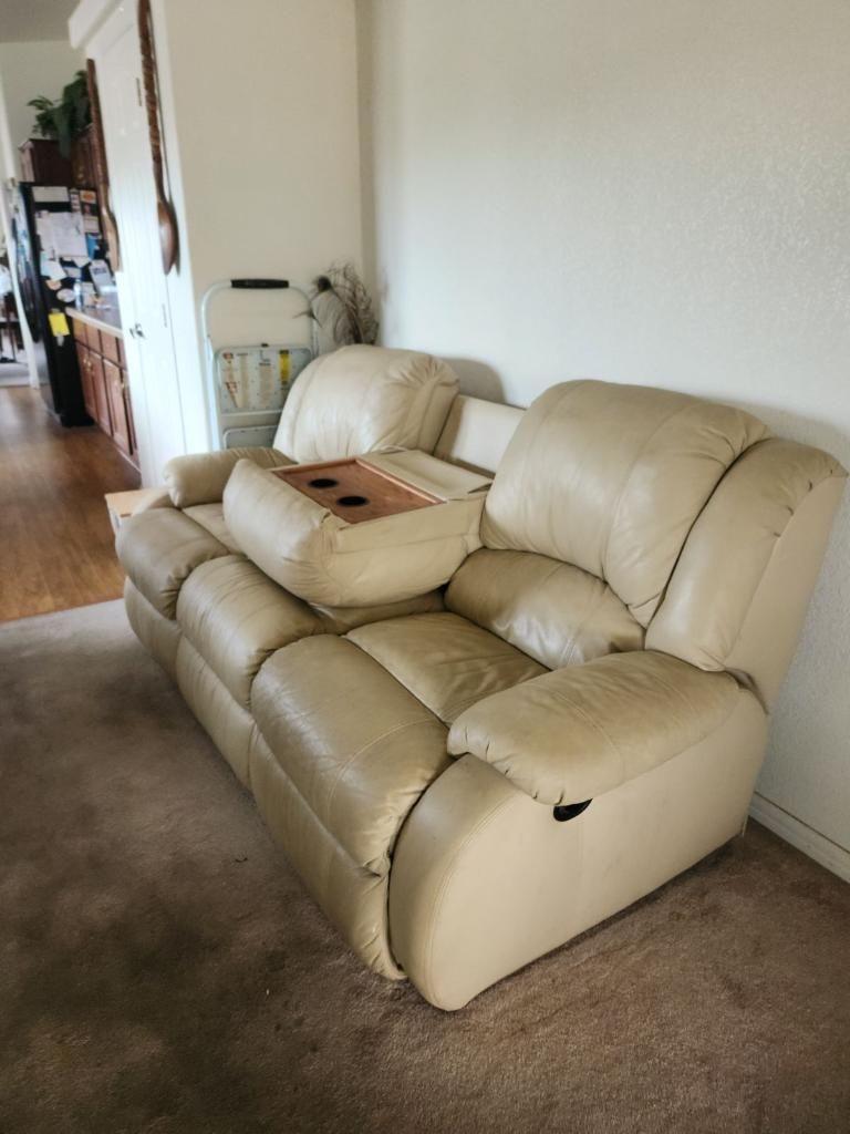 Cream Leather Couch With Double Recliners