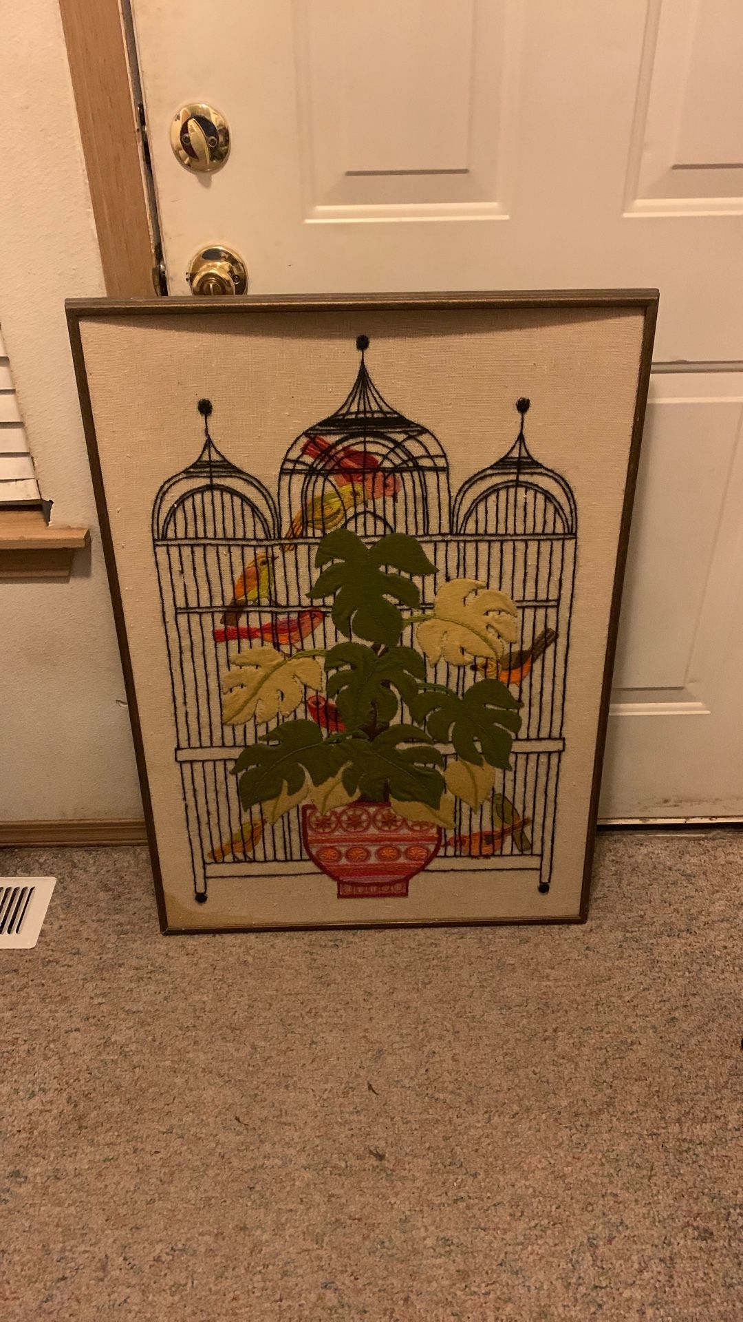 Large Vintage/MCM Fabric Cross Stitch Picture Monstera With Birds In Cage - Needs New Framing And Small Stain In The Bottom Left Corner