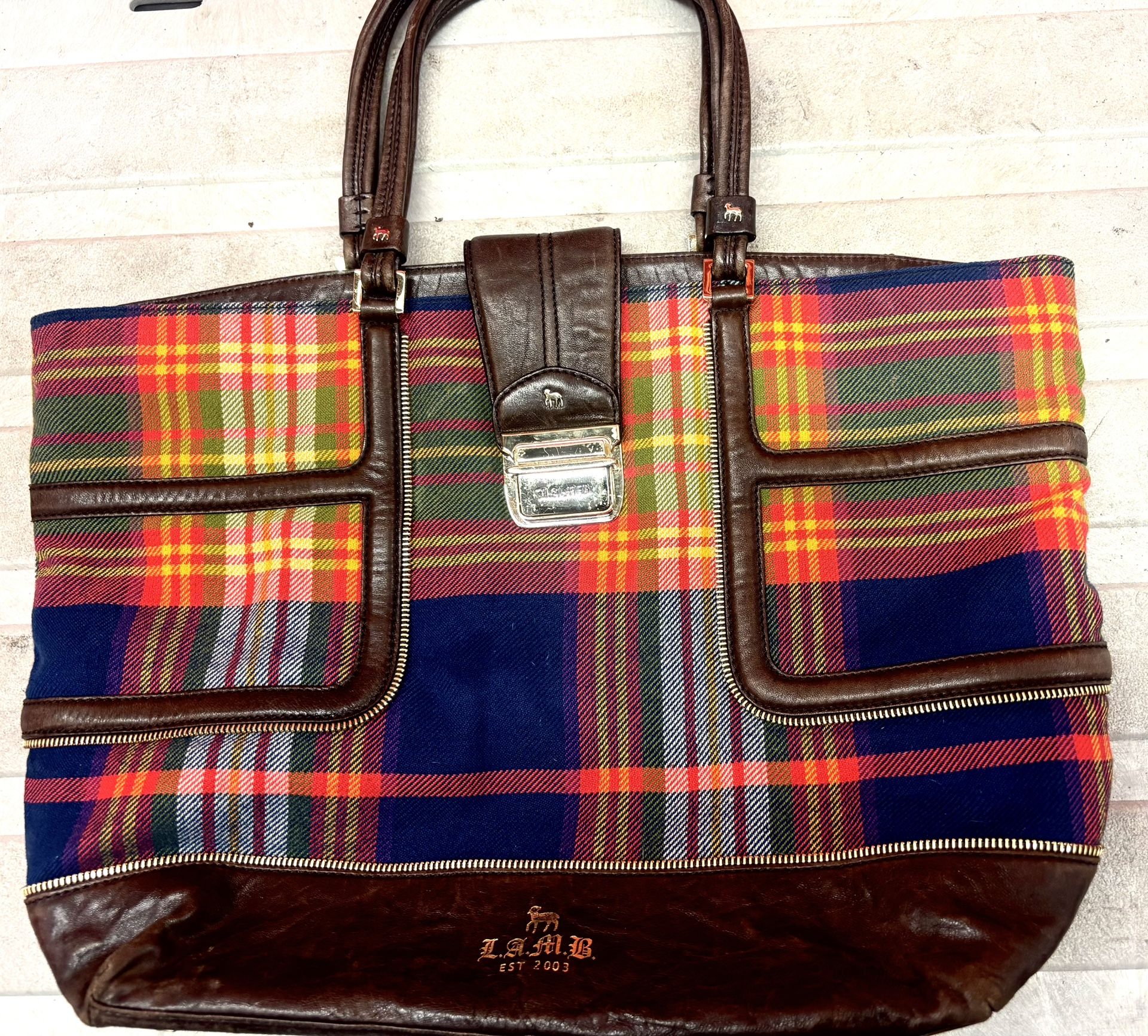 L.A.M.B. Gwen Stefani Plaid Leather Satchel Shoulder Bag Designer Celebrity 75