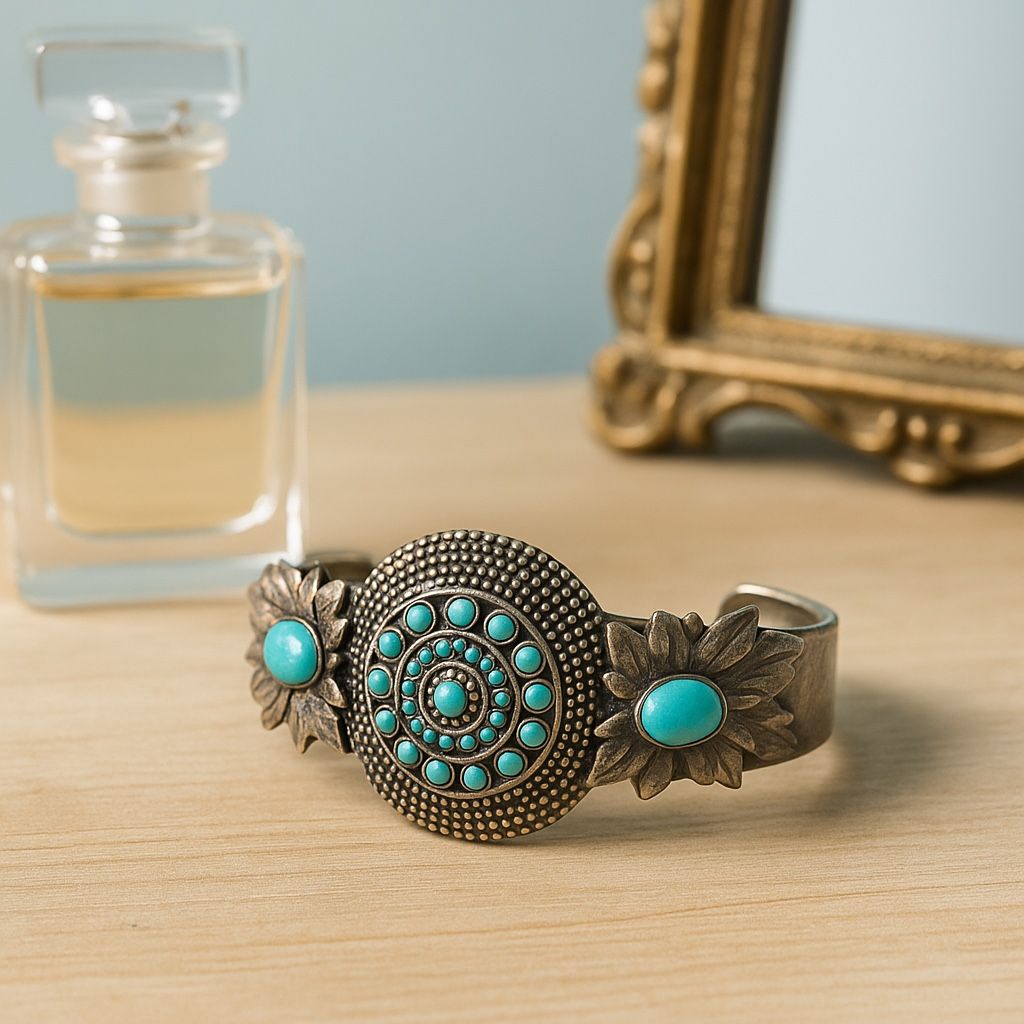 Vintage 1970s Southwest Silvertone Ornate Cuff Bracelet Turquoise Howlite Stones
