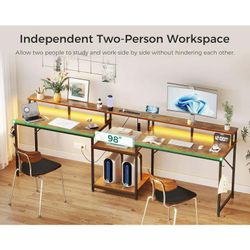 98 Inch Two Person Computer Desk with Storage Shelves, Long Double Workstation with LED Lights & Power Outlet, Office Study Table for Home Office Bedr