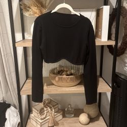Black Long Sleeve Cropped Rhinestone Top