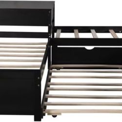 L-Shaped Platform Bed With Trundle And Drawer - Espresso