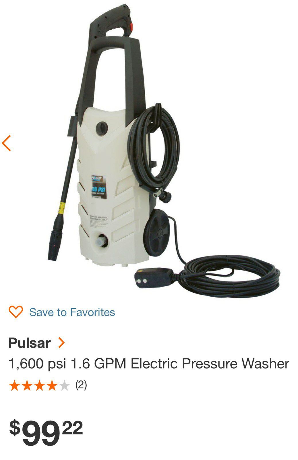 Pulsar 1600 psi powerwasher