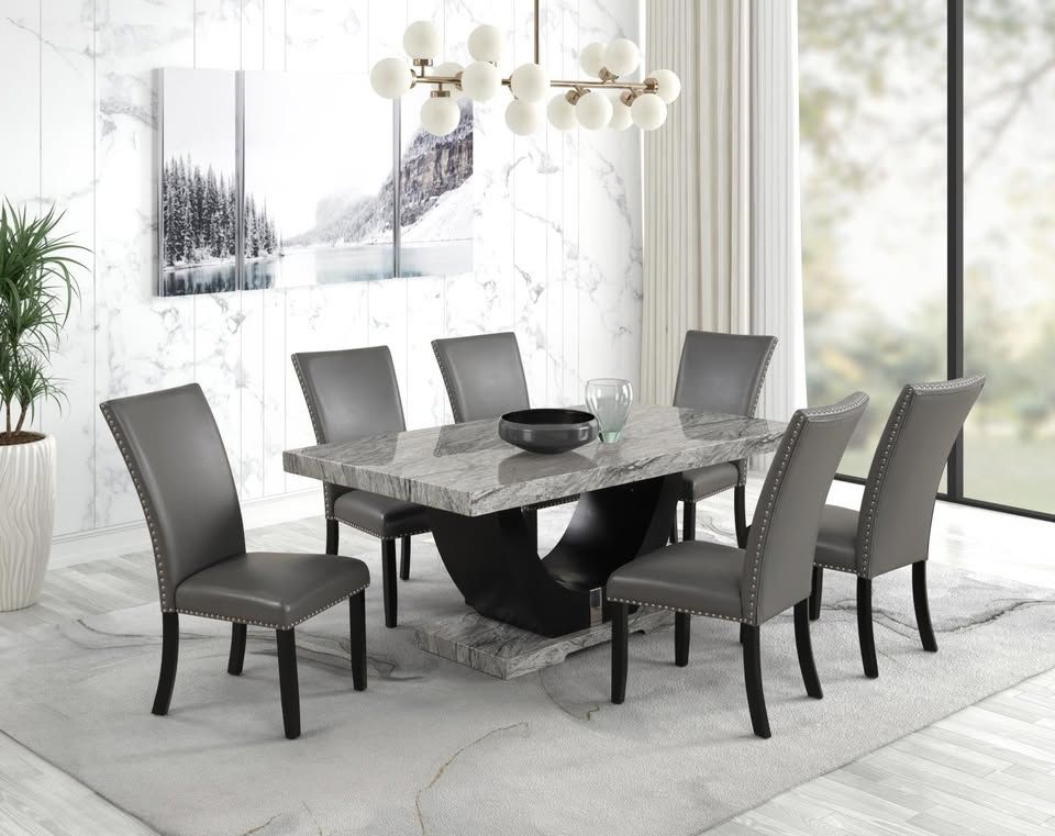 June Promotion Transitional designed, rich marble look dining set w/curve base