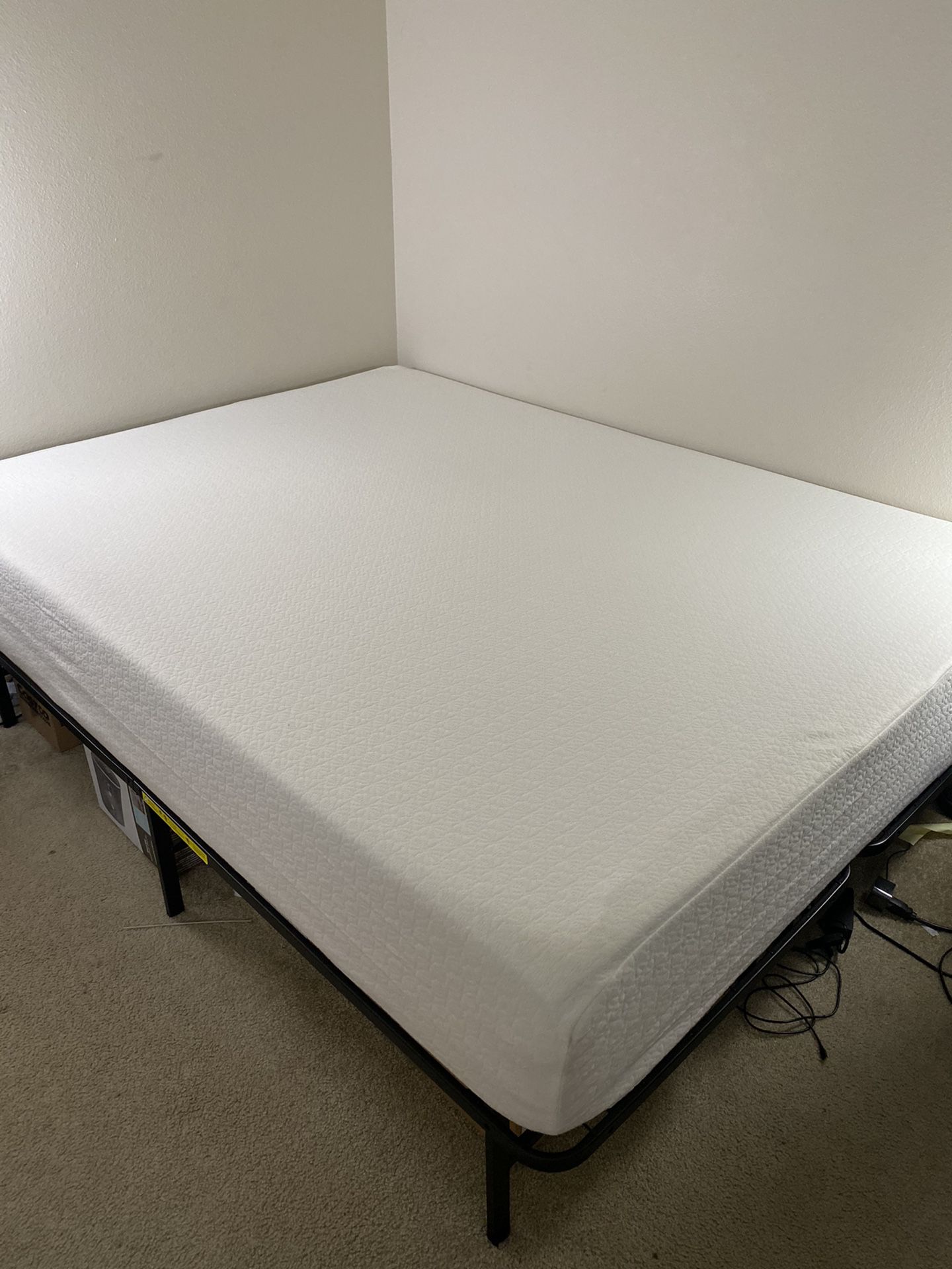 Queen bed frame with 12 inch memory foam mattress and mattress protector