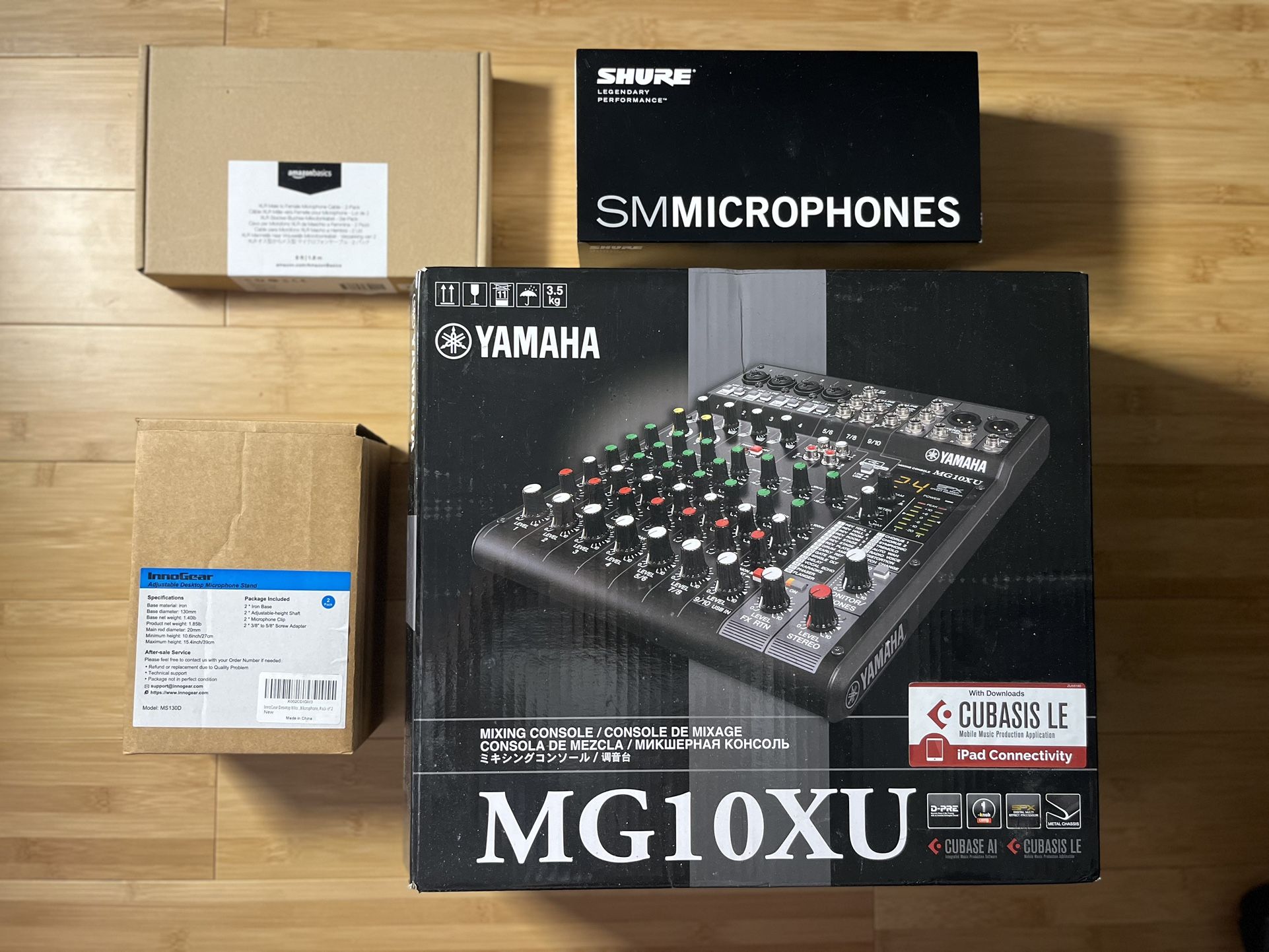 Brand New Audio Bundle – Yamaha MG10XU Mixer, Shure SM48 Mic, Stands, XLR Cables