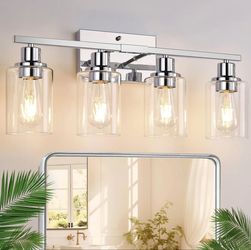 ONLY $35: 4 Light Bathroom Light Fixtures, Chrome Vanity Lights with Clear Glass Shades, Modern Bathroom Light Fixture