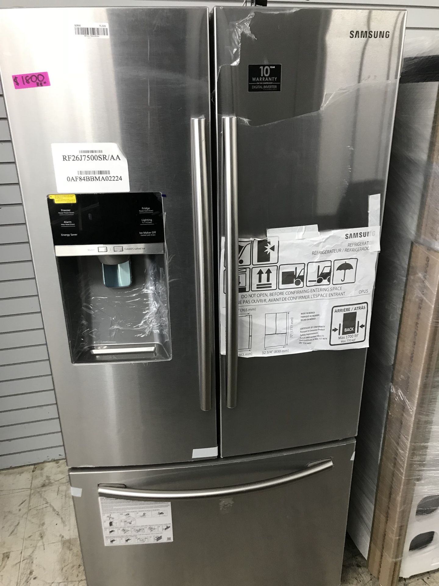 New Samsung stainless steel french door 33” wide apartment size refrigerator