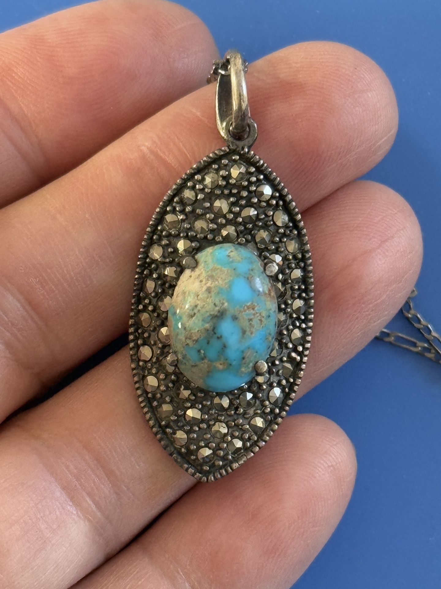 Pendant turquoise and marcasite,in sterling silver. Please check out all photos for more details