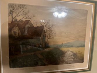 Framed Hand-Colored Etching Rural Landscape