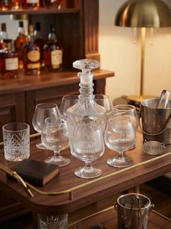 Antique Georgian whisky Decanter 3 Rings Mushroom Stopper Etched Clear 19th Century, and 6 glasses