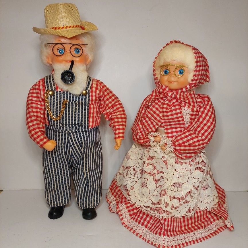 Country Doll Couple Dish Soap Bottle Doll Straw Hat Pipe Overalls Handmade Vtg