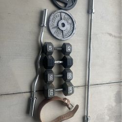 Gym Equipment. Dumbbells and 45lb barbell