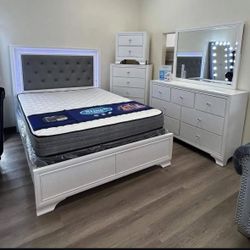 Lyssa Frost LED Upholstered Panel Bedroom Set < 5 Piece -bed, Dresser,Nighstand,mirror,chest 