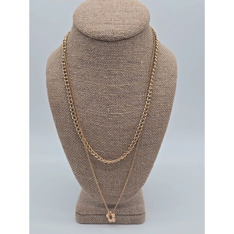 Gold Tone Multi Layer Dainty Chain Necklace Floral Pendant Minimalist Bohemian