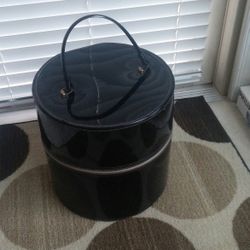 Retro Round Black Vinyl Wig/Hat Zippered Travel Tote 