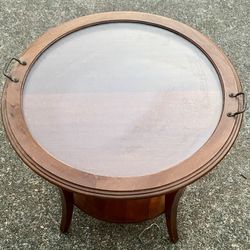 Vintage Solid Wooden Round Table w/ Removable Glass Top Serving Tray
