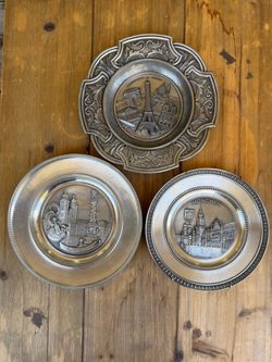 Vintage European Metal Travel Plates 95% Pewter Germany Austria + Paris