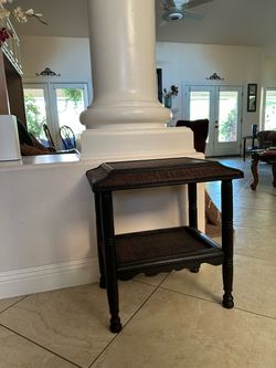 Dark Wood and Wicker Two-Tier Side Table