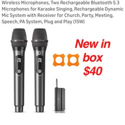 New in box Wireless Microphones, Two Rechargeable Bluetooth 5.3 Microphones for Karaoke Singing, Rechargeable Dynamic Mic System with Receiver for Chu