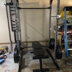 Squat Rack - Bench- Barbells - Bumper Plate Set