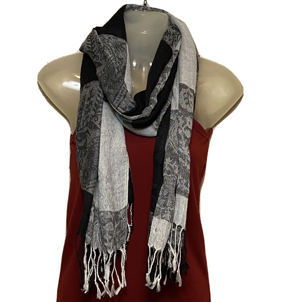 PASHMINA BLACK GREY GRAY SCARF TASSLE HIJAB SHAWL PAISLEY WRAP RECTANGULAR Cute