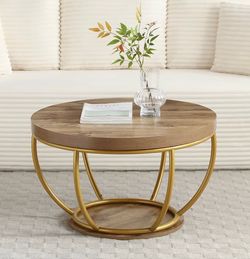 Round Coffee Table, Center Table,31 Inch Industrial Coffee Table with Storage, Wood Grain Veneer NEW