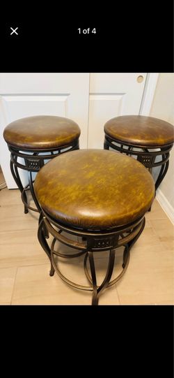 3 Swivel Bar Stools – Brown Leather Seats – Solid Metal Base