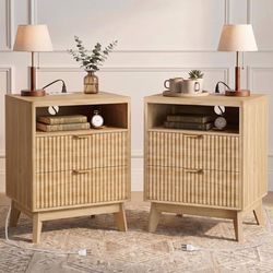Set of 2 Fluted Wood Nightstands with Charging Station