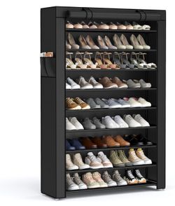 SONGMICS 10-Tier Shoe Rack Storage Cabinet w/ Dustproof Cover - Black