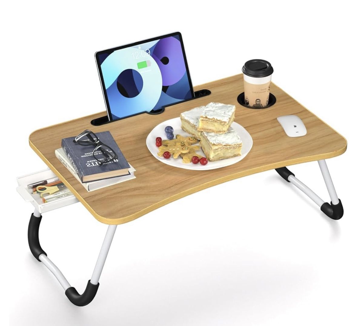 Foldable Laptop Bed Table Tray, Folding Lap Desk with Cup Holder, Portable Serving Breakfast Tray/ Workstation