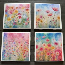 4 Piece Ceramic Coaster Set- Flowers ( Perfect Housewarming Or Teachers Gift) 