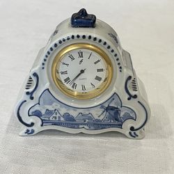 Decorative Delftware ceramic clock with blue and white landscape. Battery Operated Clock. 