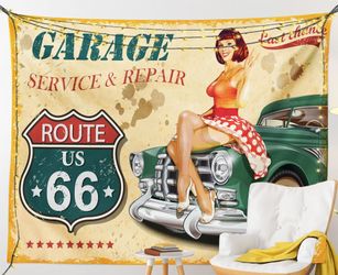 Historic Route 66 Service & Repair Garage Classic Car Wall Tapestry 37"× 28"