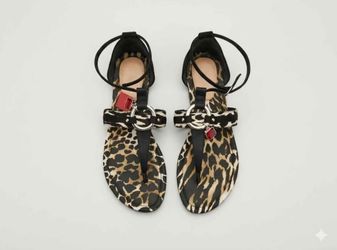 Leopard Print Flat Sandals with Ankle Wrap