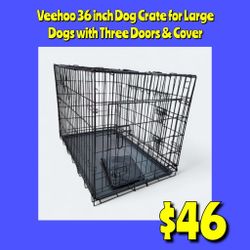 New Veehoo 36 inch Dog Crate for Large Dogs with Three Doors & Cover: Njft