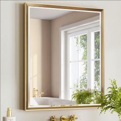 30x36 Brushed Gold Bathroom Mirror Beveled Edge, Gold Framed Rectangle Bathroom Vanity Miror