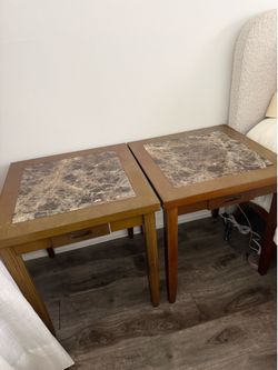 Set of 2 Mid-Century Marble Top Wood Nightstands / Side Tables